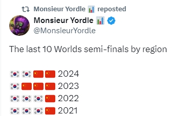 近十年S赛半决赛格局:仅18年无LCK队伍 LPL缺席15/16年