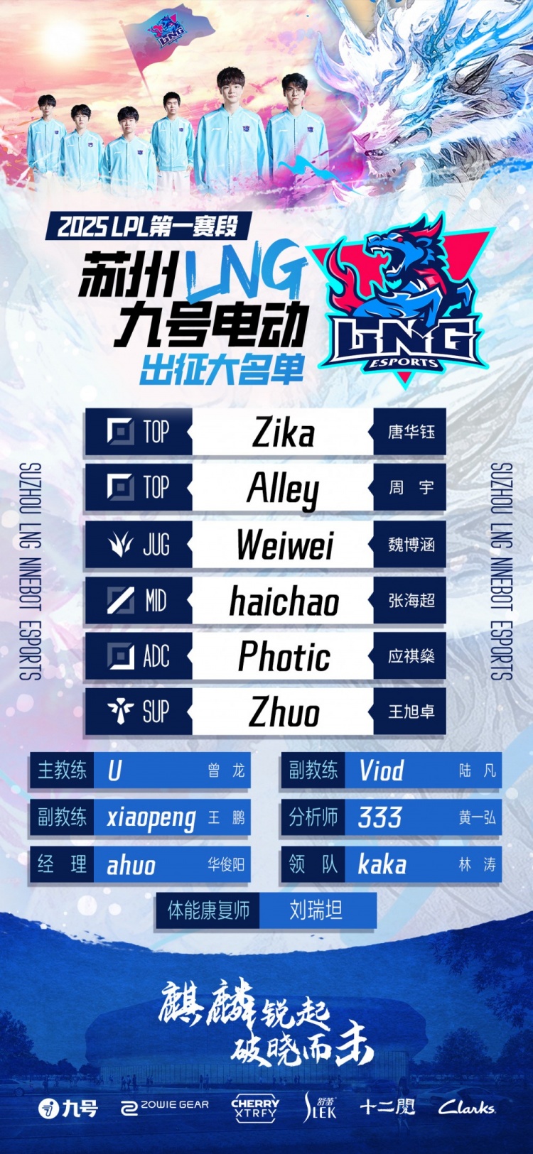 LNG发布第一赛段阵容名单:上单Zika、中单haichao、下路Photic
