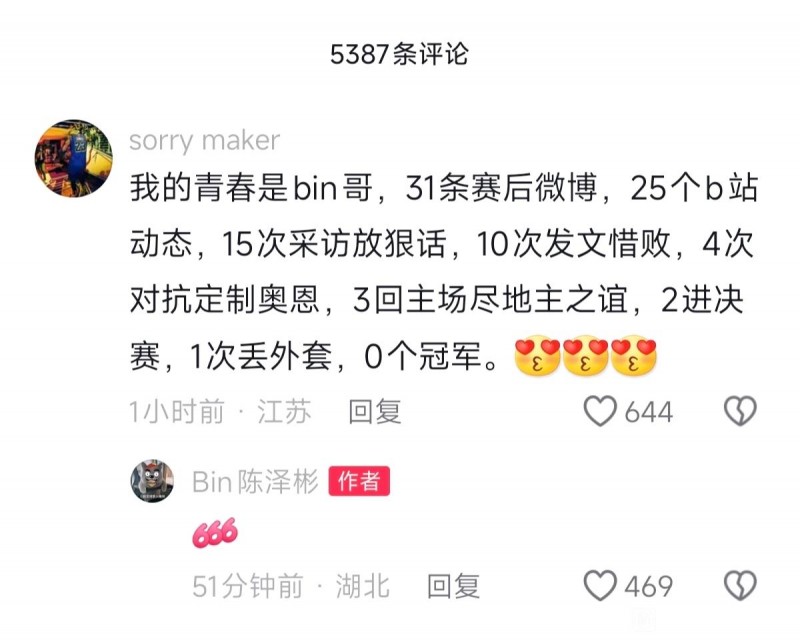 Bin入驻抖音惨遭黑粉“贴脸开大”:2进决赛 1次丢外套 0个冠军