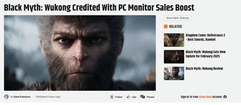 光追画质确实可以!外媒盛赞《黑神话》:拉动全球显示器市场增长