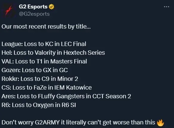 G2官推总结近期各分部成绩:别担心,之后还能比现在更遭嘛