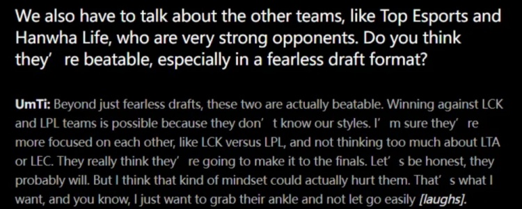 TL打野选手UmTi:即使不是全局BP,TES和HLE也都是可以战胜的!