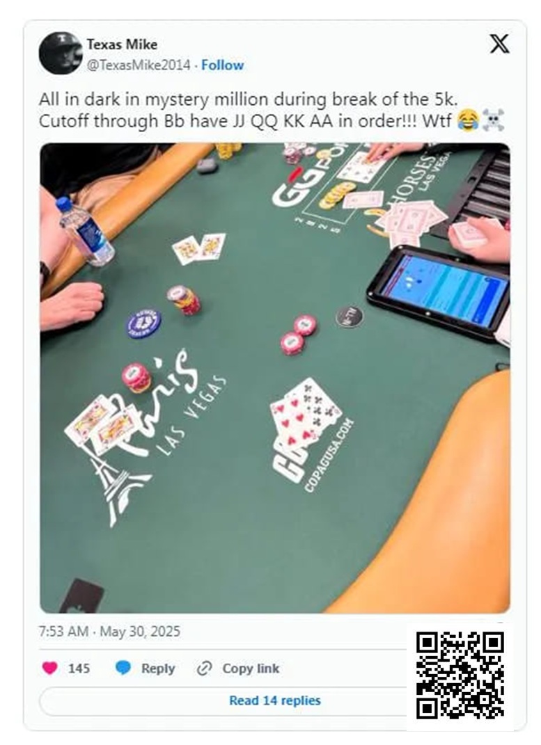 【EV扑克】WSOP的神奇时刻:Michael Moncek在盲注位全下,没想到身后有JJ、QQ、KK和AA