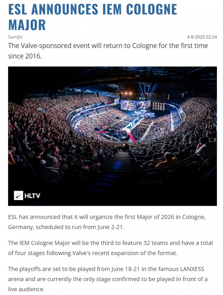 升级了!ESL官方宣布IEM科隆Major将于明年6月份举行
