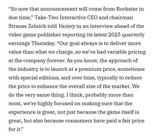 TakeTwo CEO谈GTA6定价：浮动 目标是提供高于收费价值的游戏体验