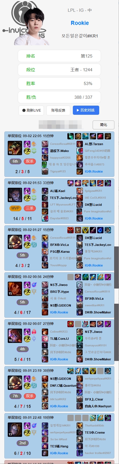 状态火热！准备夺冠？Rookie韩服豪取七连胜冲上王者1244分