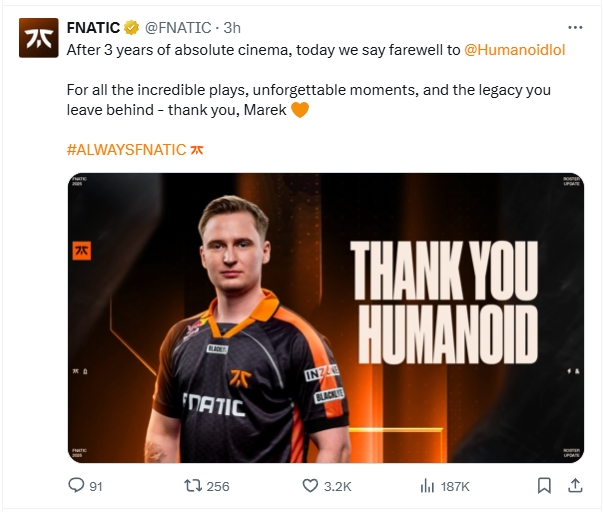 LEC赛区FNC宣布中单Humanoid离队：结束三年俱乐部生涯
