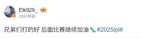 战胜IG后 BLG下路Elk更新动态：兄弟们打的好 后面比赛继续加油