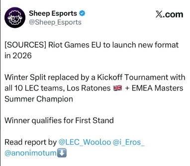 外媒爆料：明年LEC赛制改革 欧洲大师赛冠军晋级LEC 共12支队参赛