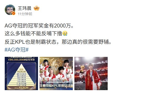 媒体人:AG夺冠奖金有2000万 能不能反哺下撸 那边真的很需要野辅