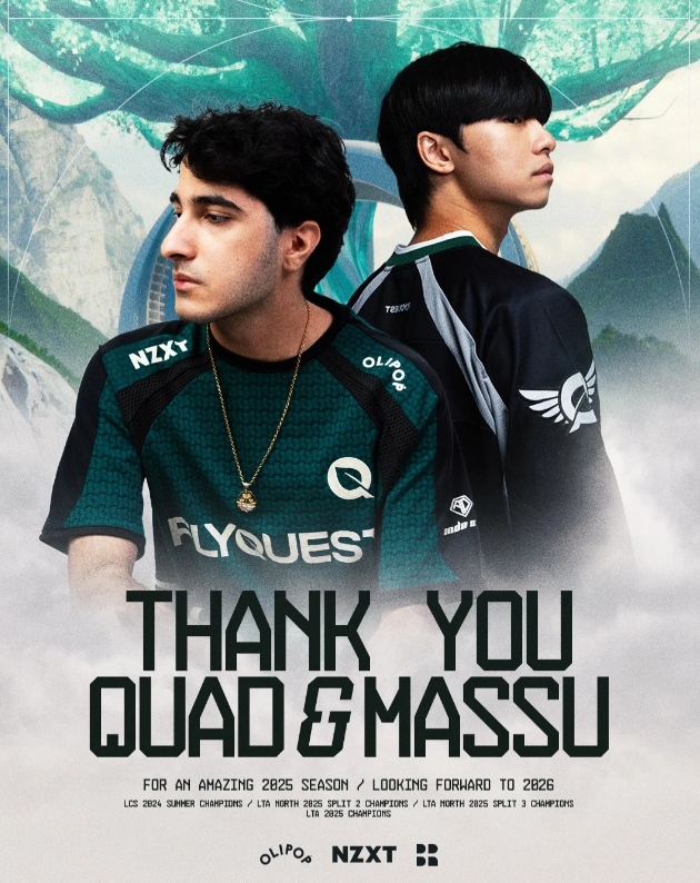 FLY官宣：中单选手Quad、AD选手Massu正式离队