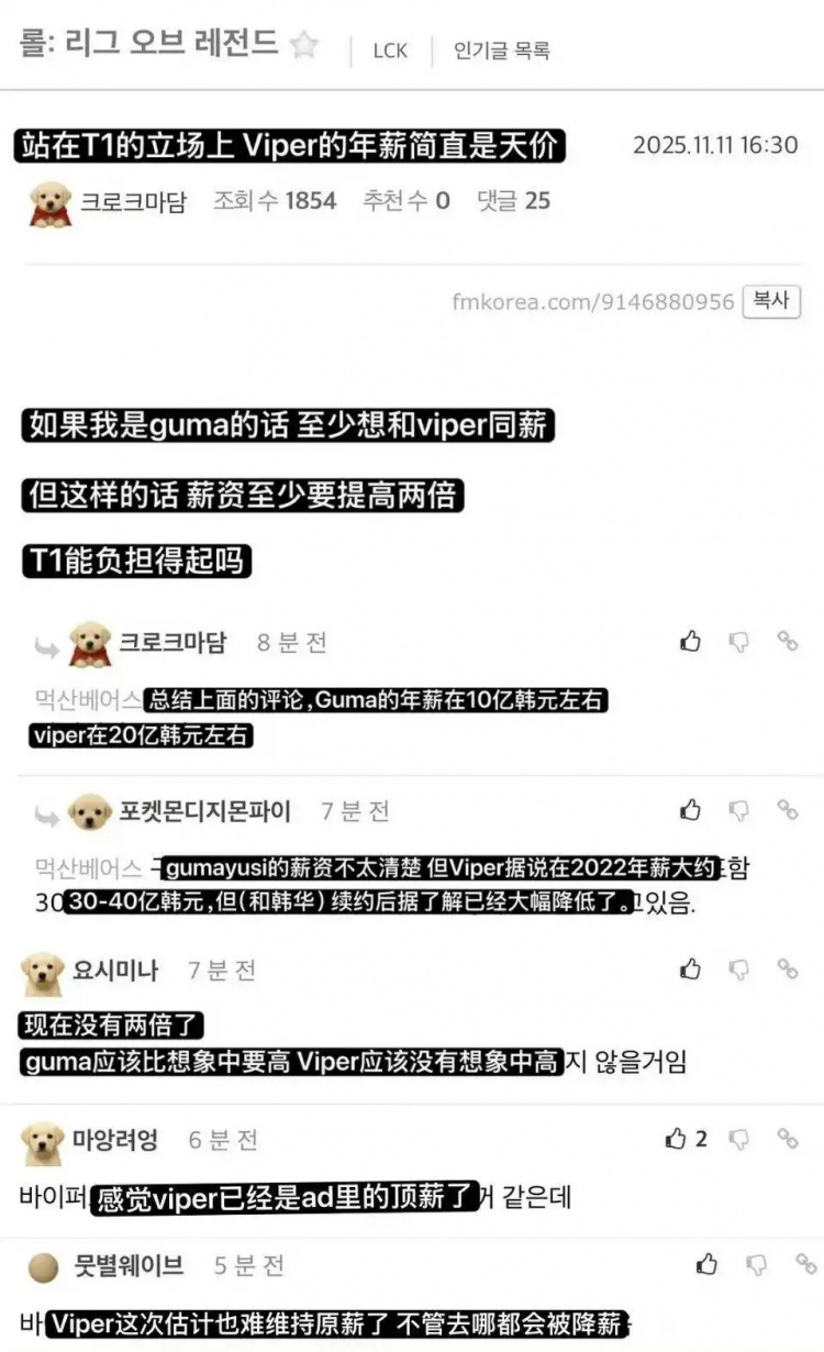 韩国网友讨论:Viper为什么比Guma贵这么多?站T1立场上简直是天价