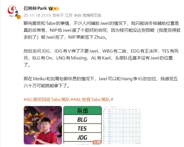 爆料人:Jwei拒绝了NIP的合同 头部队伍只有iG有Jwei的位置了